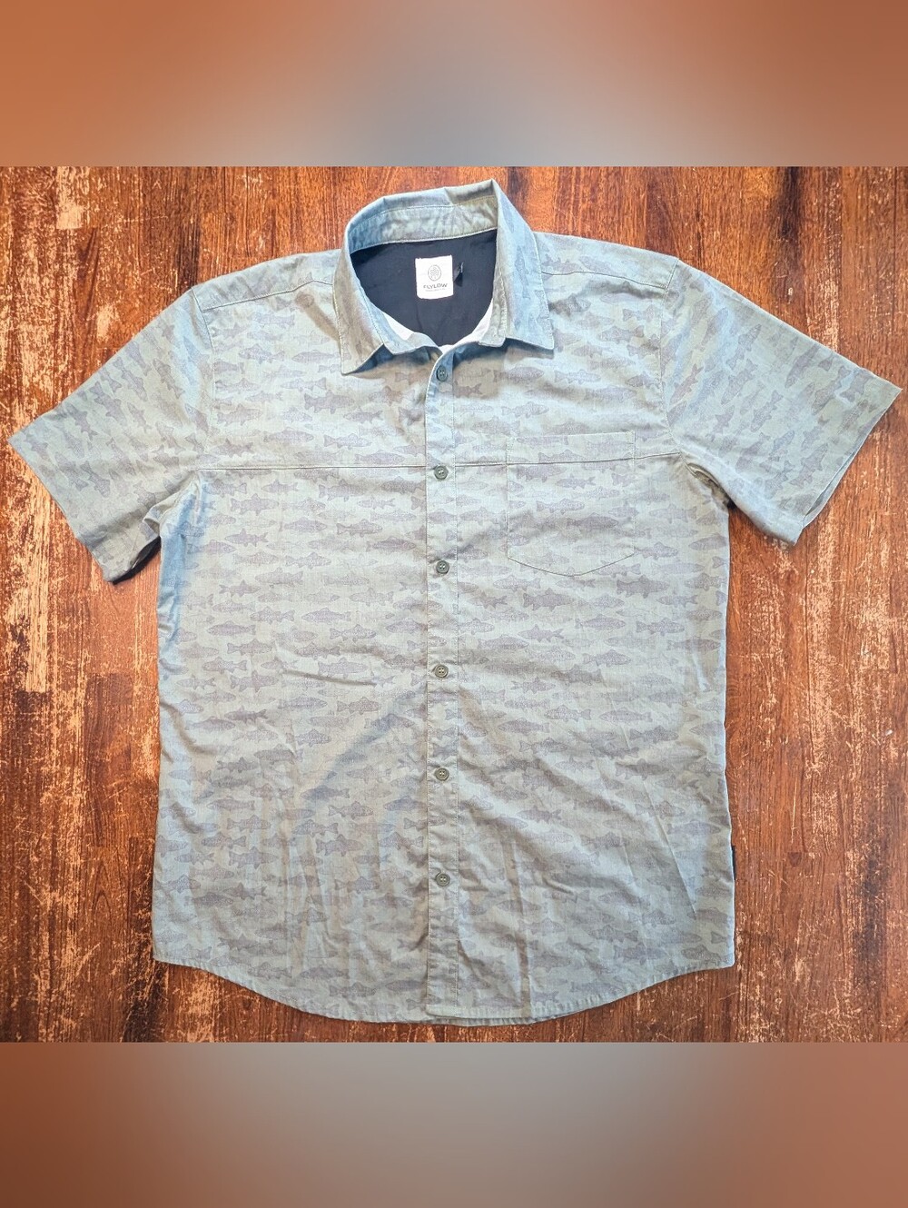Flylow Wild Child Button Up Shirt Mens Large Sage Fish Short Sleeve Casual Top